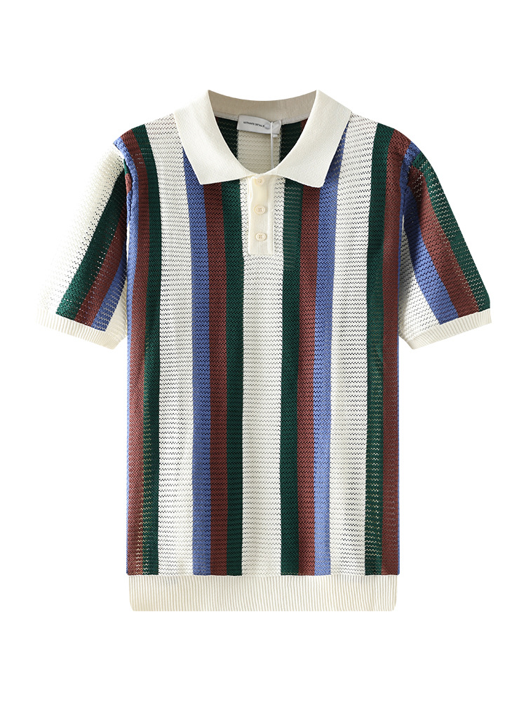 Verano para hombres barra vertical hueco de hielo de punto polo botón de solapa ligero de negocios camiseta casual camiseta superior