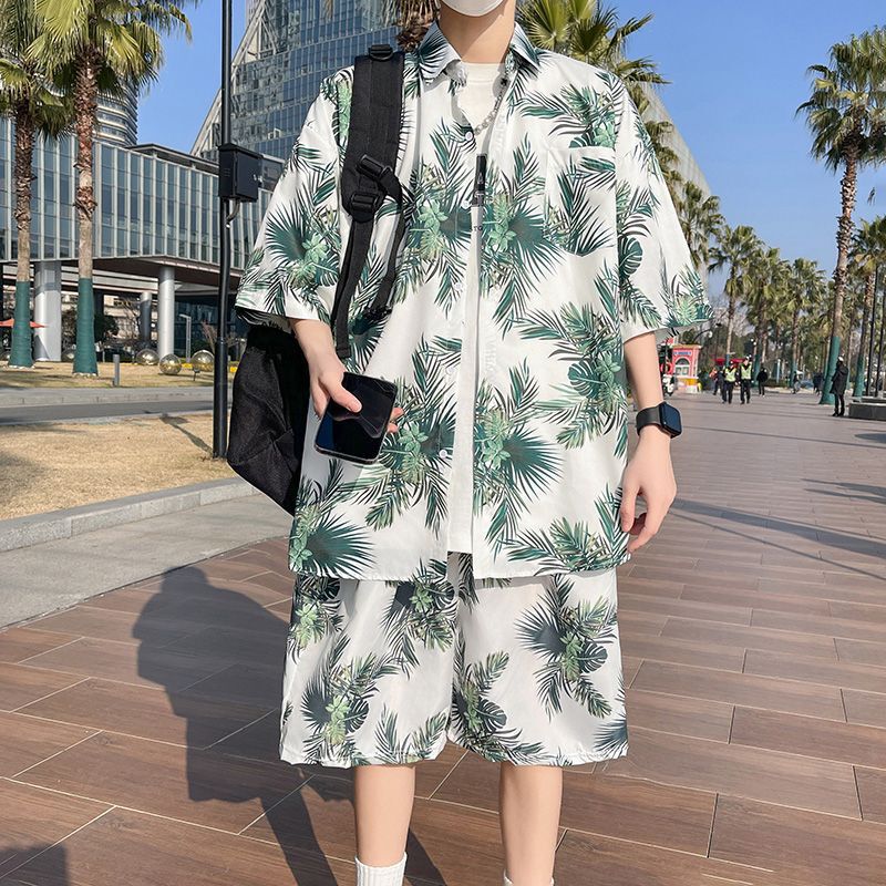 Sanya Travel Casual Men's Beach Shorts Ice Silk Quick-Dry Floral Shorts Seaside Vacation Floral Shirt Hawaiian Set