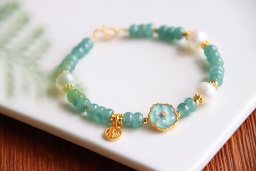 Natural A-Jadeite Blue Water Disk Bead Bracelet, Silver-Gold Plated Jadeite Butterfly and Small Flower Pearl Bracelet