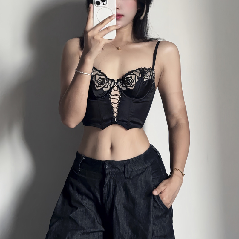 Vintage Rose Fishbone Corset Vest European and American Waist Slimming Shaping Gathered French Long Thin Bra