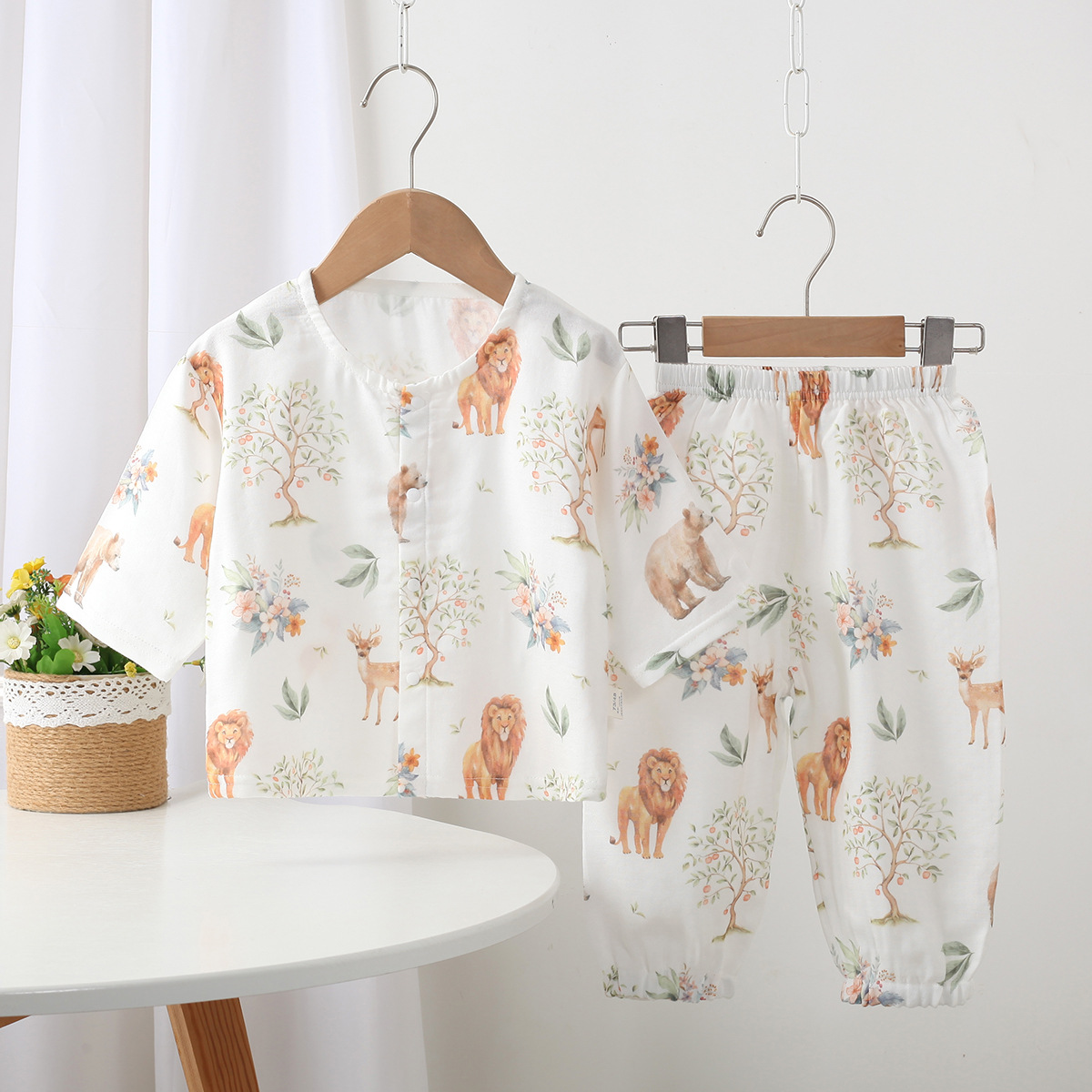 Summer New Style Double-Door Set with Detachable Crotch for Boys and Girls, Bamboo Cotton Gauze Children's Seamless Outdoor Clothing Long Pants