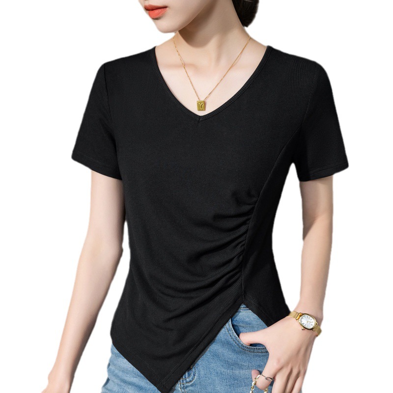 Camiseta de manga corta para mujer verano 2023 nuevas mujeres elegantes con cuello en V hilo camiseta irregular dobladillo dividido cintura superior