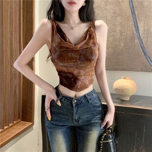 French Style Retro 2025 Mesh Vest Women's Summer Niche Elegant off-shoulder Slim-fit Slimming Spice Girl Short Top