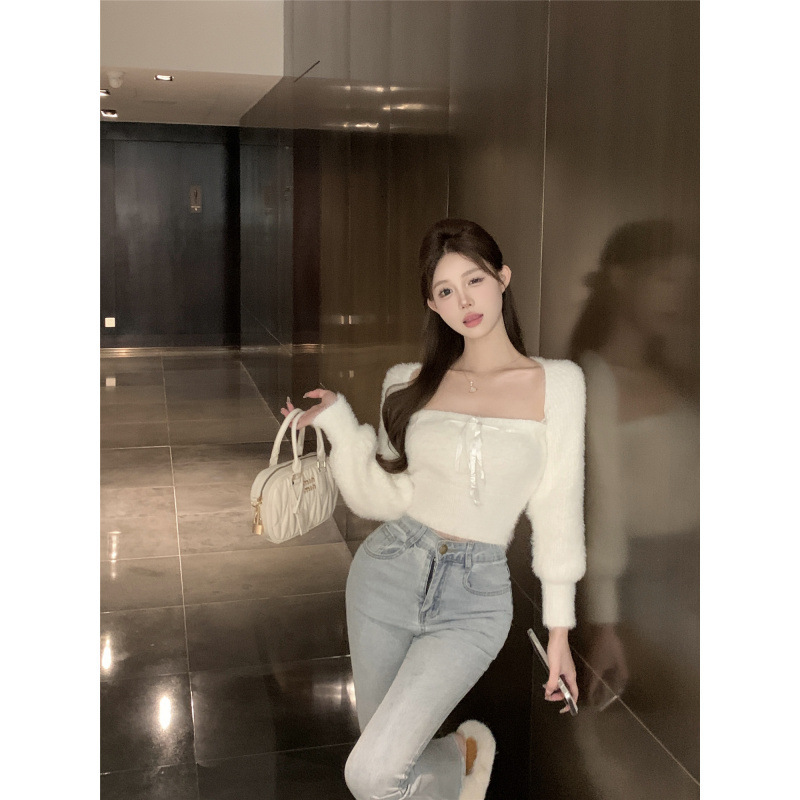 秋冬纯欲甜辣妹泡泡毛绒绒毛衣绑带背心+开衫两件套女上衣|undefined