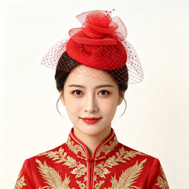 Adult and girls' mesh fascinator, bridal headpiece, red cheongsam accessory, vintage veil hair accessory, Xiuhe dress headpiece