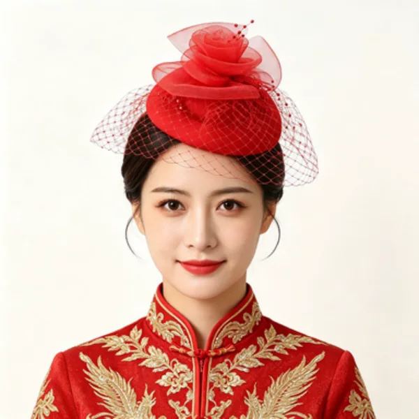 Adult and girls' mesh fascinator, bridal headpiece, red cheongsam accessory, vintage veil hair accessory, Xiuhe dress headpiece