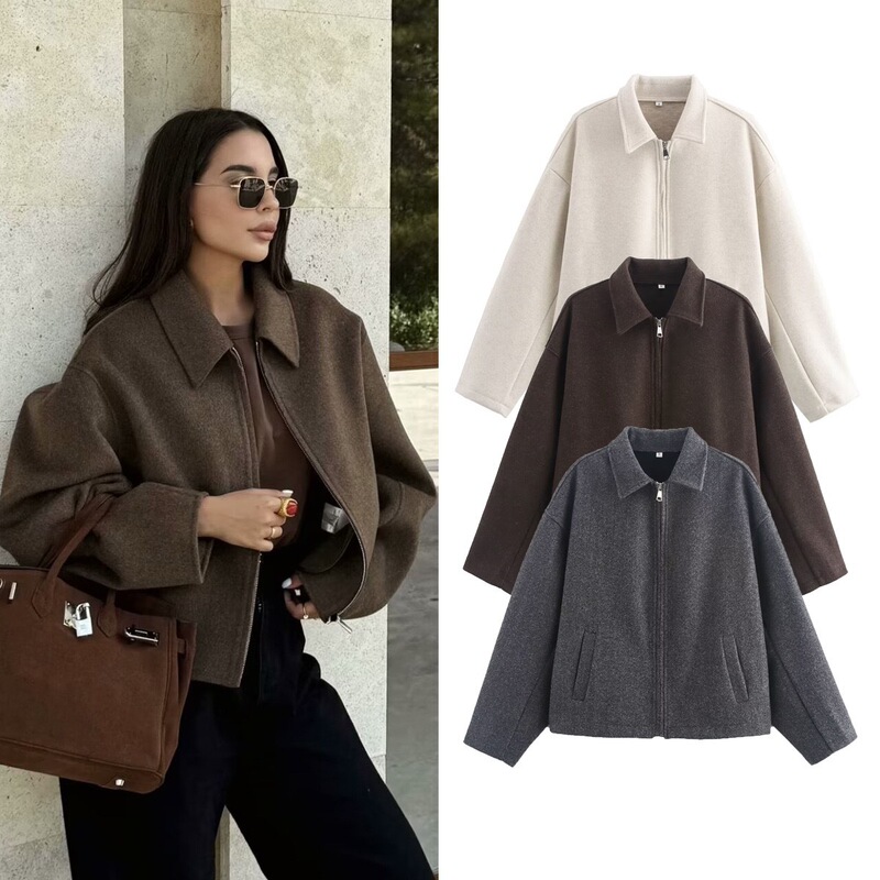 Cross-border European and American Women's AliExpress Explosions Retro Brown Zipper Long-sleeved Short Jacket Cross-border European and American Women's AliExpress Explosions Retro Brown Zipper Long-sleeved Short Jacket