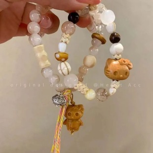 Wooden Cute Kitten Beaded Woven Bracelet Women's Vintage All-match Internet Popular Girlfriend Bracelet Girly Heart Elegant Bracelet
