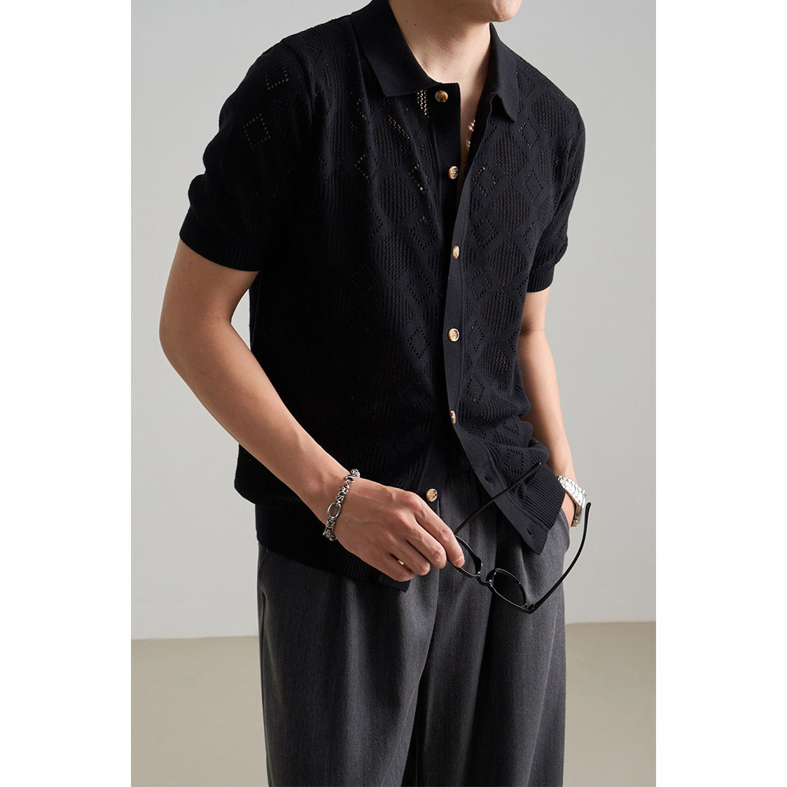 Polo camiseta de punto camiseta de manga corta hombre cardigan cuadrilátero hueco viejo viento de verano fábrica transfronteriza al por mayor