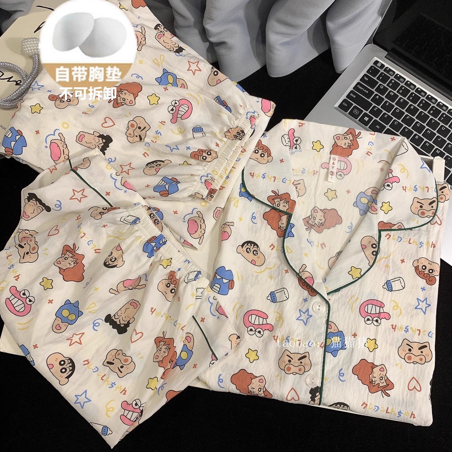 Crayon Shin-Chan Pajamas with Breast Pads for Women Summer Pure Cotton Short-Sleeved Three-Piece Set Large Size Cotton Silk Thin Student Home Clothes