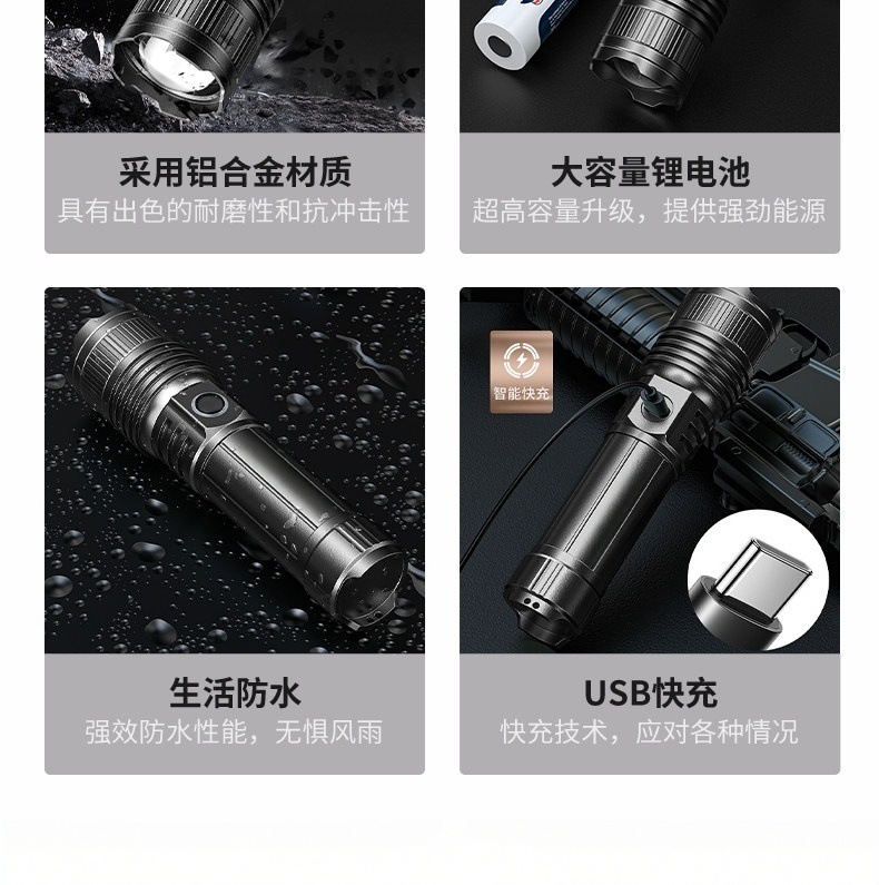 Flashlight with Strong Light, Long Battery Life, Rechargeable, Long-Range, Ultra-Bright, Outdoor, Small, Mini, Portable, Household, Durable, Emergency
