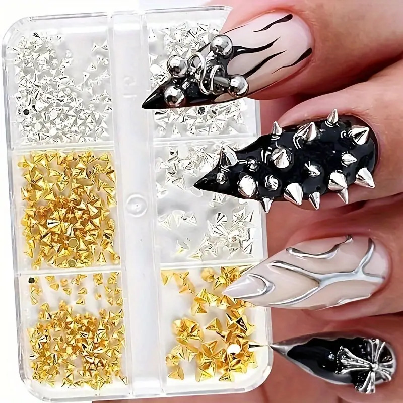 Cruz-frontera popular remache de uñas joyería no se desvanece mezclado 6-rejilla de metal largo hueco estrella Luna decoración de uñas