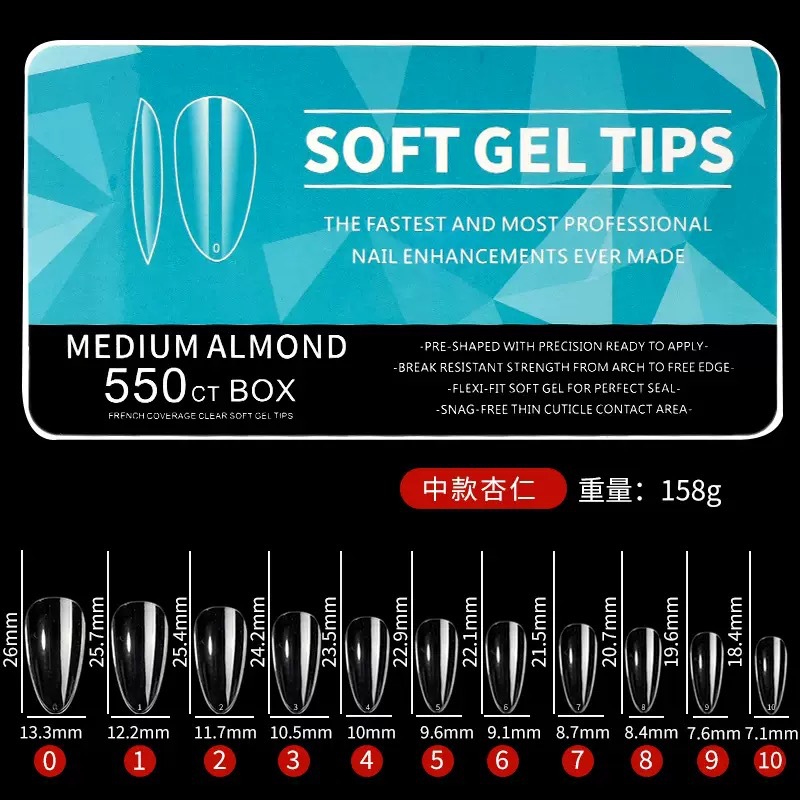 Amazon porcelana caja blanca esmalte de uñas ultra-delgada sin costuras esmerilado gota de agua larga almendra tallado libre esmalte de uñas 550 piezas/caja