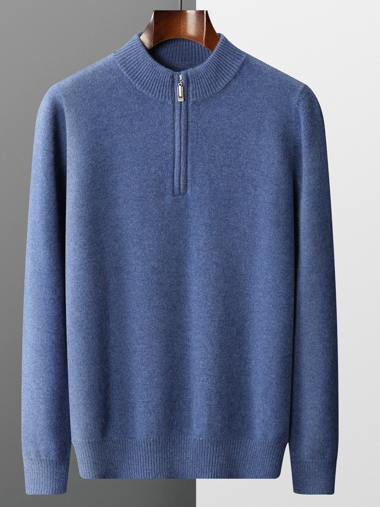 Woolen knitted solid color base sweater with zipper