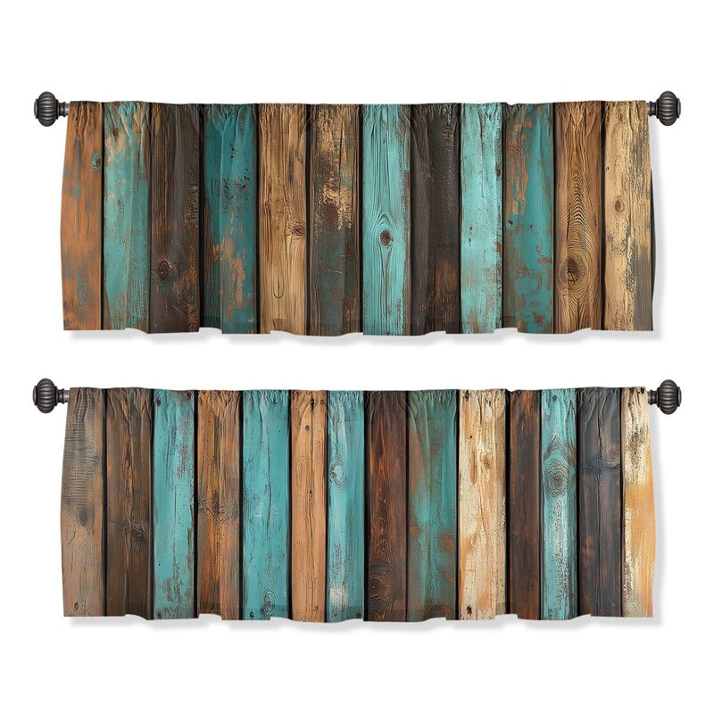 Cross-Border Amazon Short Curtains, Country-Style Teal Wood Grain Door Curtains, Coffee Curtains, Kitchen Sink Cabinets Cross-Border Amazon Short Curtains, Country-Style Teal Wood Grain Door Curtains, Coffee Curtains, Kitchen Sink Cabinets