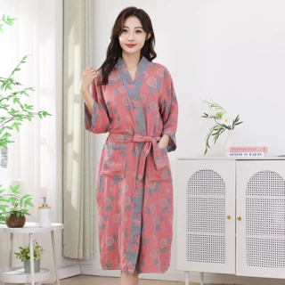 批发女款睡裙双层纱长袖女浴袍大花印花汗蒸服棉纱布吸水女款浴袍