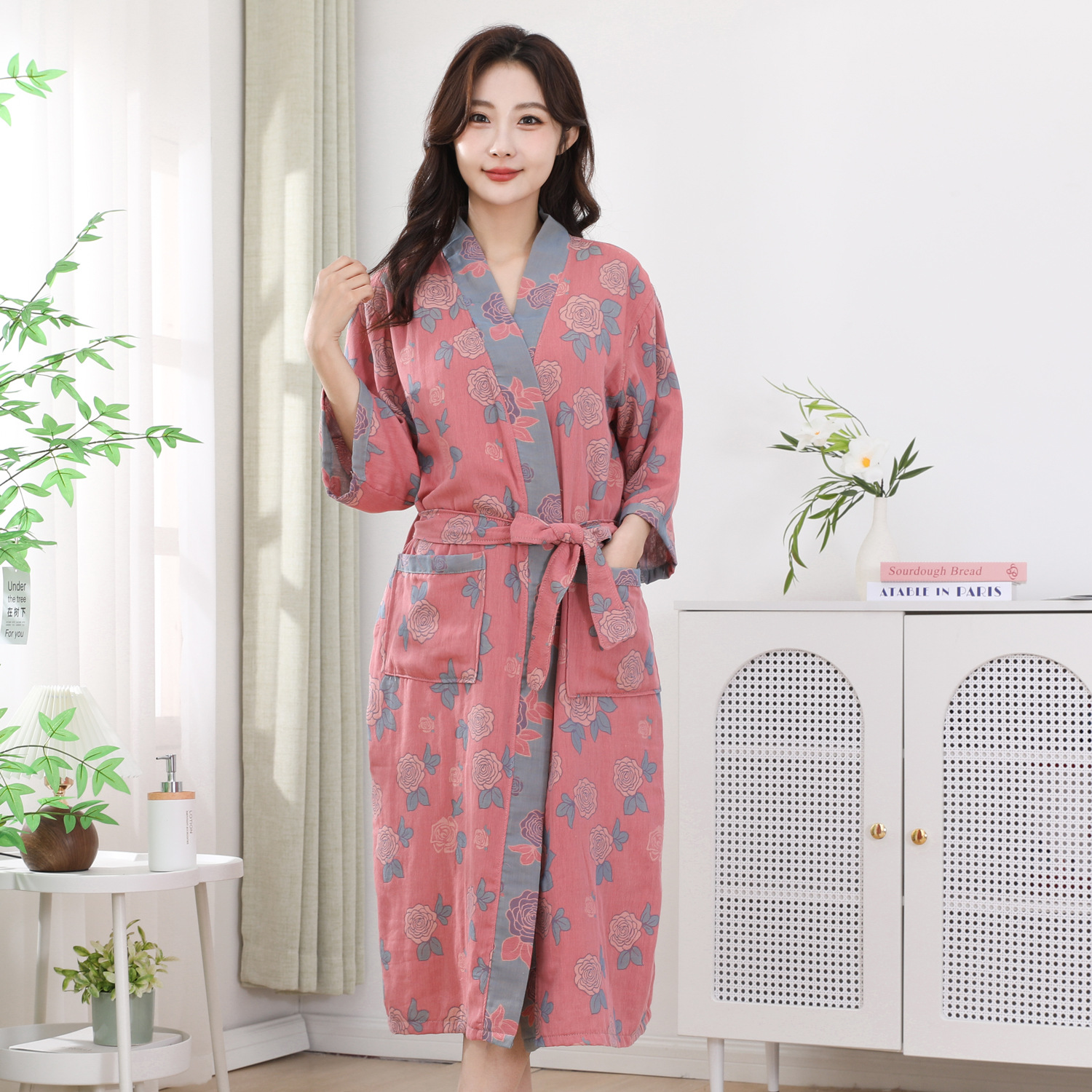 도매 여성 잠옷 더블 레이어 원사 긴팔 여성 목욕 가운 큰 꽃 인쇄 스팀 슈트 코튼 거즈 흡수성 여성 목욕 가운