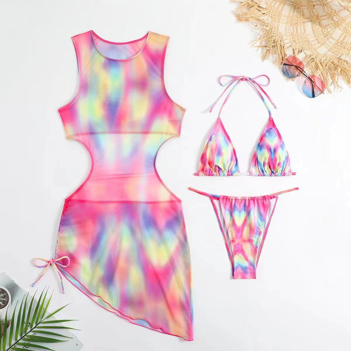 Driedelige bikini set met gradiënt print en mesh cover-up_voghion.com