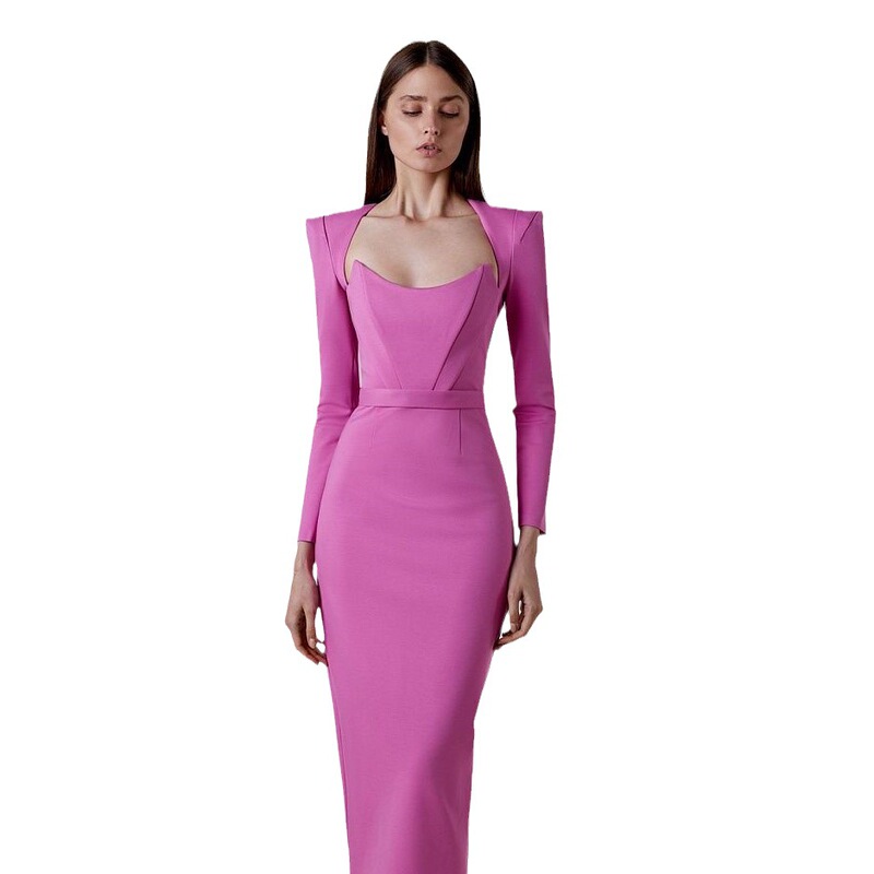 European and American New Women's Clothing Hepburn Style Square Collar Horn Shoulder Pads High Elastic Dress Long Sleeve Bandage Skirt Evening Dress Long Skirt