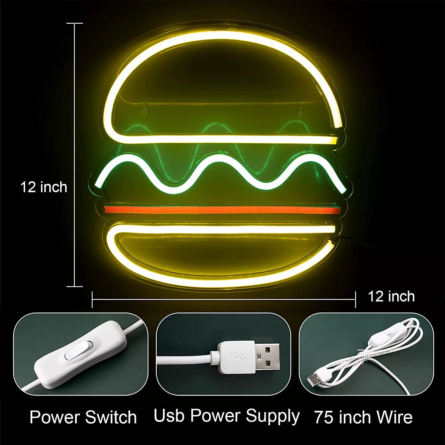 Светодиодная неоновая вывеска акриловая в форме бургера, питание 5V USB, многоцветная подсветка, панель 35×35×3 см