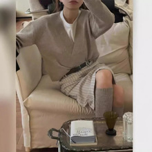 2025秋冬新款流气质时尚套装小香风奶茶色上衣条纹半身裙两件套女