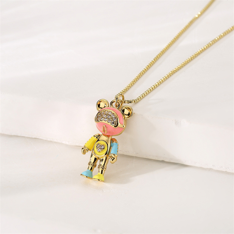 Fashion Bear Copper Enamel Plating Inlay Zircon Pendant Necklace 1 Piece