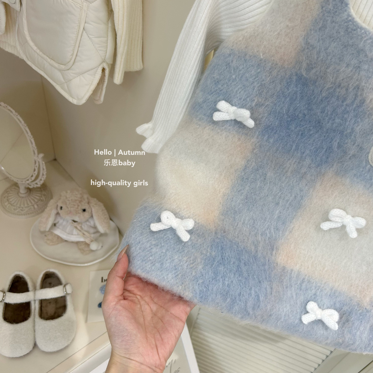 [Ropa para niños Le En] Vestido de invierno y año nuevo para niñas Falda de chaleco de lana a cuadros azul y blanco Vestido de princesa con fragancia pequeña