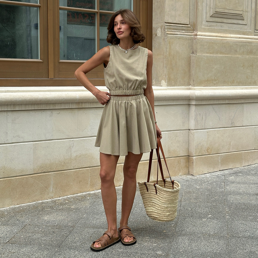 Cross-Border Round Neck Vest Pleated European And American 2025 Spring Summer New Cotton Linen Comfortable Short Skirt_ecoleips.com
