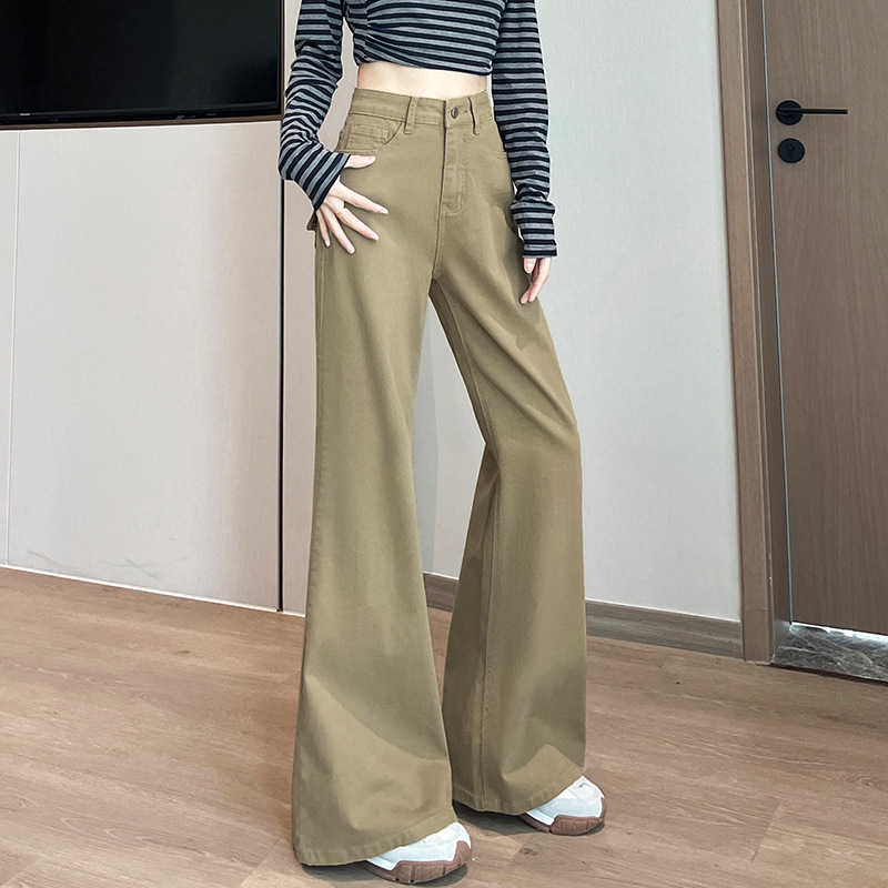 卡其色工装微喇牛仔裤女2025高腰宽松显瘦弹力不贴腿喇叭休闲裤子|undefined