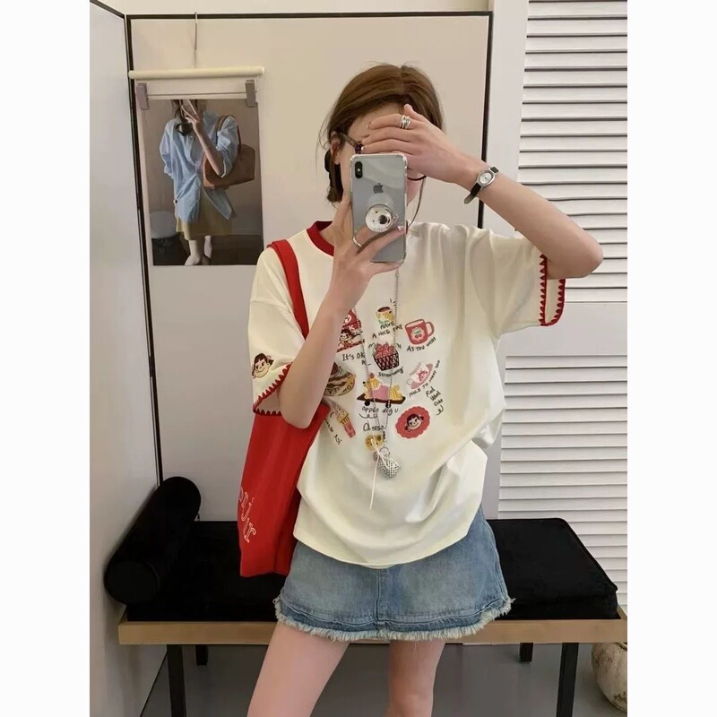 ドーパミン甘くてかわいい刺繍パッチワーク半袖 Tシャツ女性のための夏 2025 新入生多用途カジュアルトップスイン|undefined