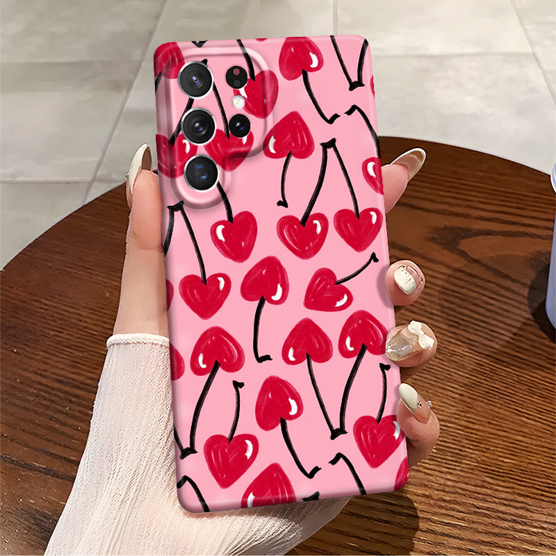 TEMU热销红色樱桃菲林壳GalaxyA55手机套s23精孔全包s24少女心s25
