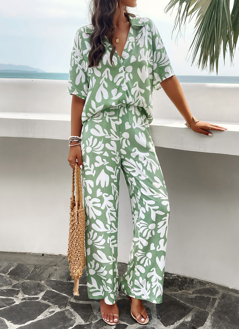 315g Weight Half Sleeve Sleeve Length Spandex Fabric Type Pant Co-ord Set Sets Type 2 Pieces Set Quantity Daily, Beach Occasion Turndown Neckline Slim Fit Type Printing, Geometric Pattern Summer Season Women's Gender Vacation Style Daily Beach Women's Vacation Printing Geometric Spandex Pant Co-ord Set Pants Sets 1