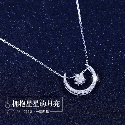 Korean zircon star and moon necklace star and moon pendant short clavicle chain women's silver jewelry wholesale dropshipping