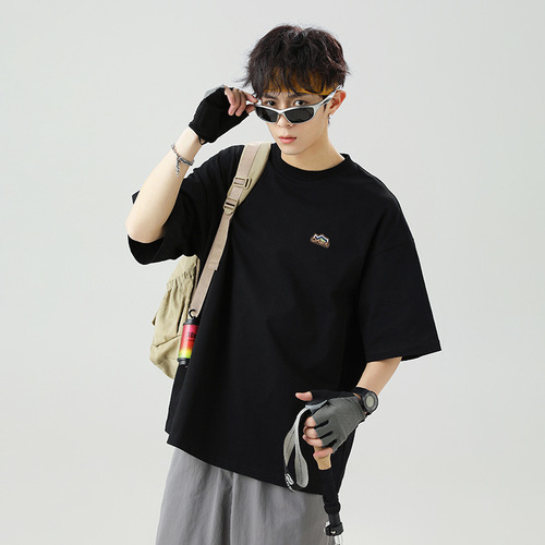Japanese-style loose pure cotton short-sleeve T-shirt for men, summer quality mountain pattern embroidered crew neck shirt, versatile couple half-sleeve