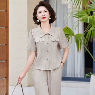 时尚短袖套装女2025夏季妈妈装翻领T恤中老年套装直筒腿裤两件套
