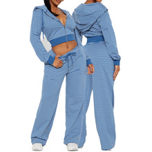 2025秋季欧美亚马逊女士休闲条纹前开襟拉链连帽运动系带长裤套装