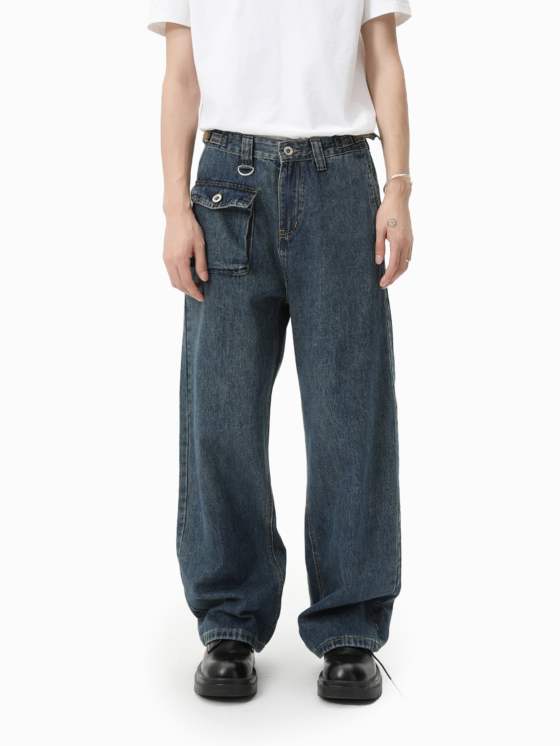 MTLCLOTHES Hombres| Nicho personalidad de diseño de bolso pequeño estilo rectas versátiles jeans lavados con agua