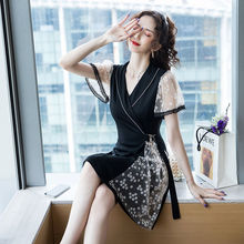 亚马逊大码连衣裙女装新款wish夏季胖妹妹洋气减龄收腰显瘦小黑裙