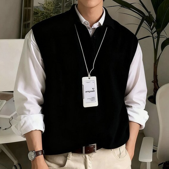 Hong Kong style men's sleeveless sweater, loose solid color V-neck knit vest, Korean style vest, trendy men's clothing Hong Kong style men's sleeveless sweater, loose solid color V-neck knit vest, Korean style vest, trendy men's clothing