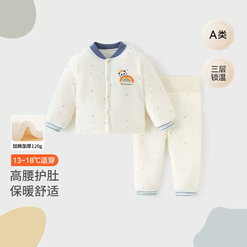 婴儿宝宝家居服套装秋冬卡通风120棉婴幼儿保暖分体套装秋冬款