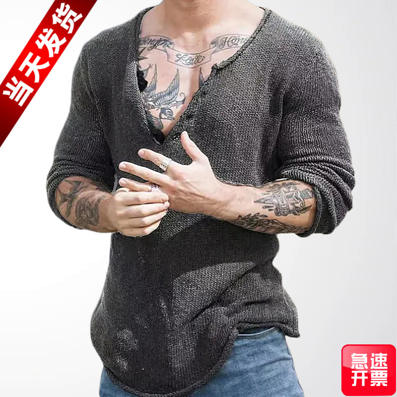 European and American Foreign Trade Men's Clothing, American Retro V-Neck Knitwear, Men's Spring and Autumn Thin Style, Lazy Style Distressed Sweater Sy0064 European and American Foreign Trade Men's Clothing, American Retro V-Neck Knitwear, Men's Spring and Autumn Thin Style, Lazy Style Distressed Sweater Sy0064