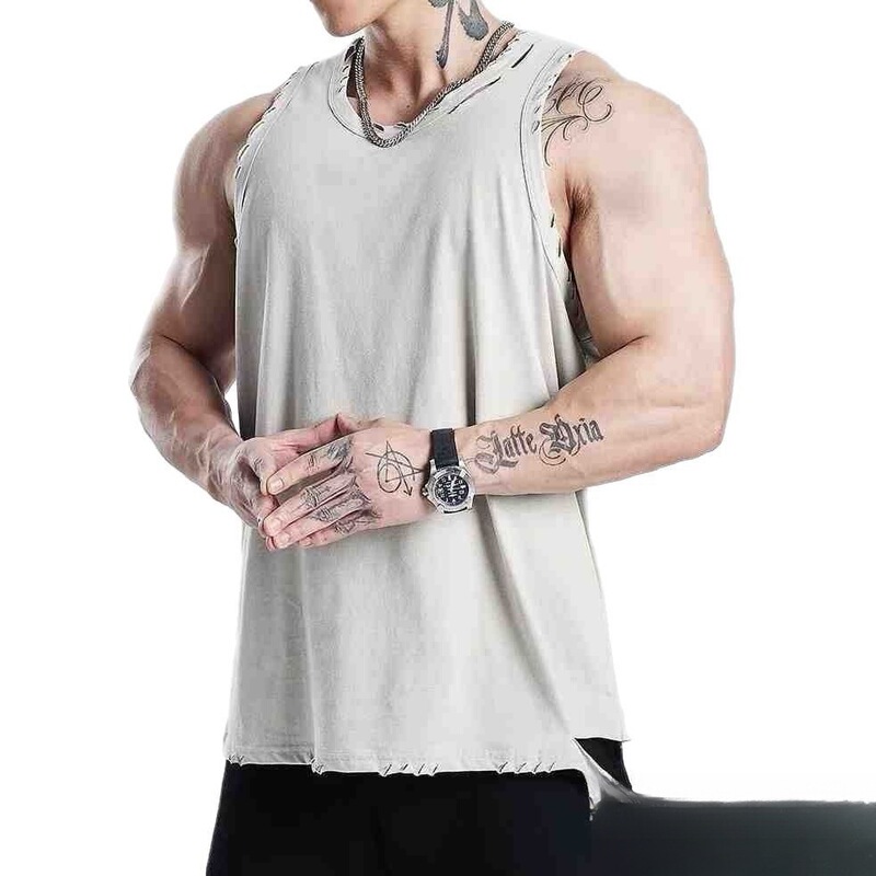 Distressed-look vest for fitness training, men's ripped sleeveless tank top, American-style sports undershirt, loose-fitting, quick-drying, short-sleeved, free shipping Distressed-look vest for fitness training, men's ripped sleeveless tank top, American-style sports undershirt, loose-fitting, quick-drying, short-sleeved, free shipping