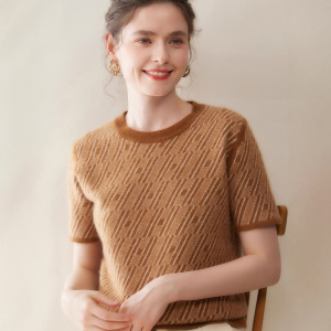 2025秋冬季新款宽松针织女短款袖T恤女圆领百搭款羊毛杉套头上衣