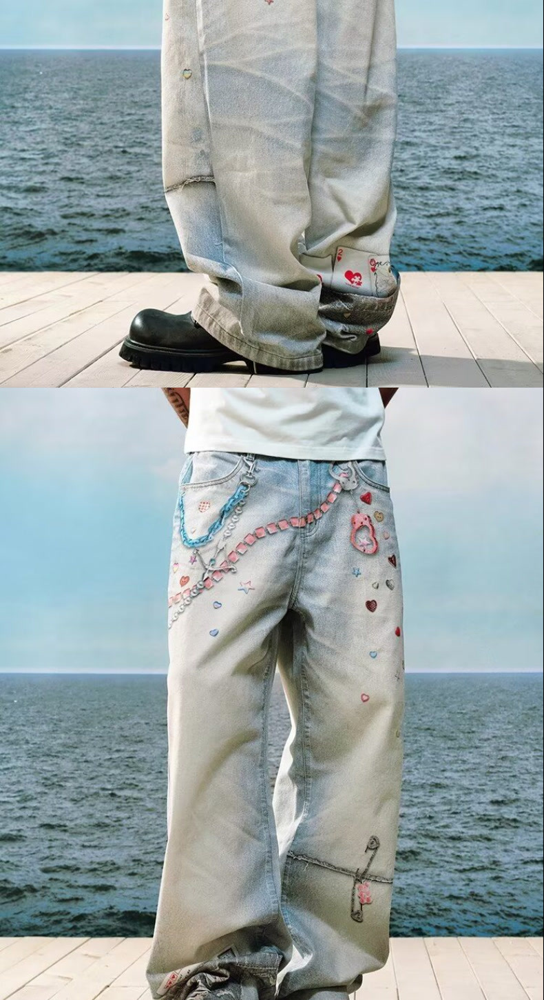 Heavy Duty Embroidered Straight Leg Jeans High Waisted Loose Wide Leg Trousers For Men And Women Spring Autumn New Style_mkmklike.com