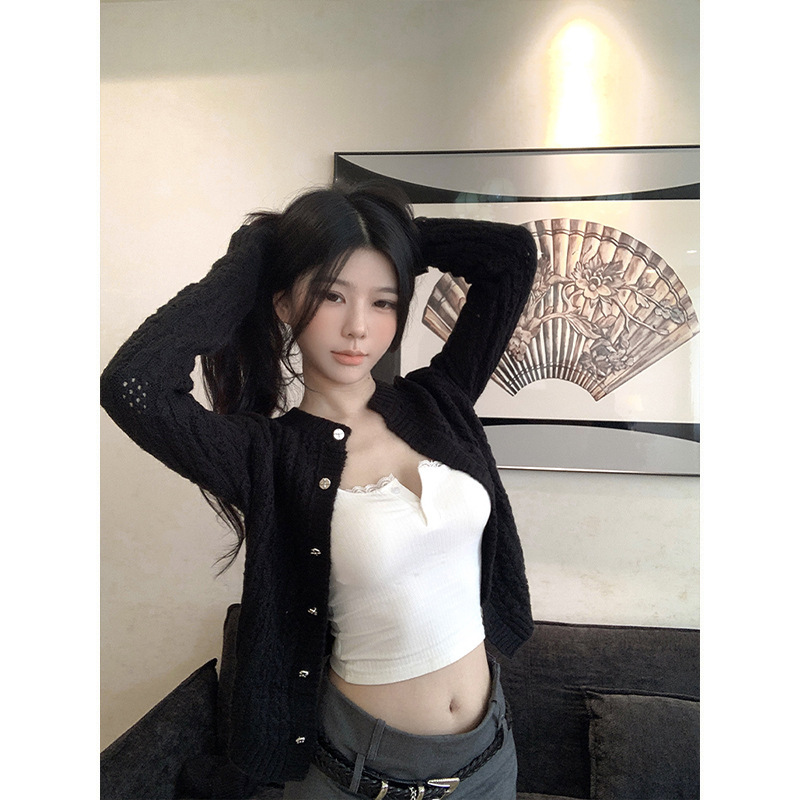 Moses Queen/魔西女王辣妹设计感镂空长袖针织开衫秋舒适气质上衣|undefined