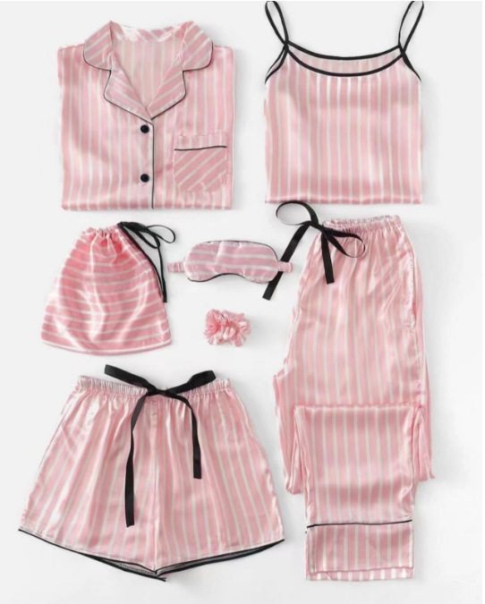 Cross-border ins2025 pijamas de primavera y otoño de mujeres siete piezas conjunto de rayas de ropa de casa coreana cuatro estaciones pijamas delgados
