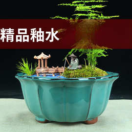 宜兴大口径紫砂花盆批发种多肉花卉绿植透气菱花陶瓷釉盆