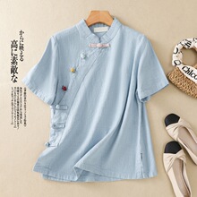 实拍2026复古夏季新款棉麻斜襟盘扣短袖糖果色扣子唐装上衣女夏