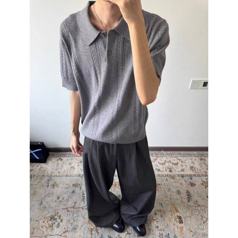 High-End Old Money Style T-Shirt with Wheat Ear Jacquard Polo Knit Short-Sleeve Men's Summer Thin Cleanfit Half-Sleeve Shirt