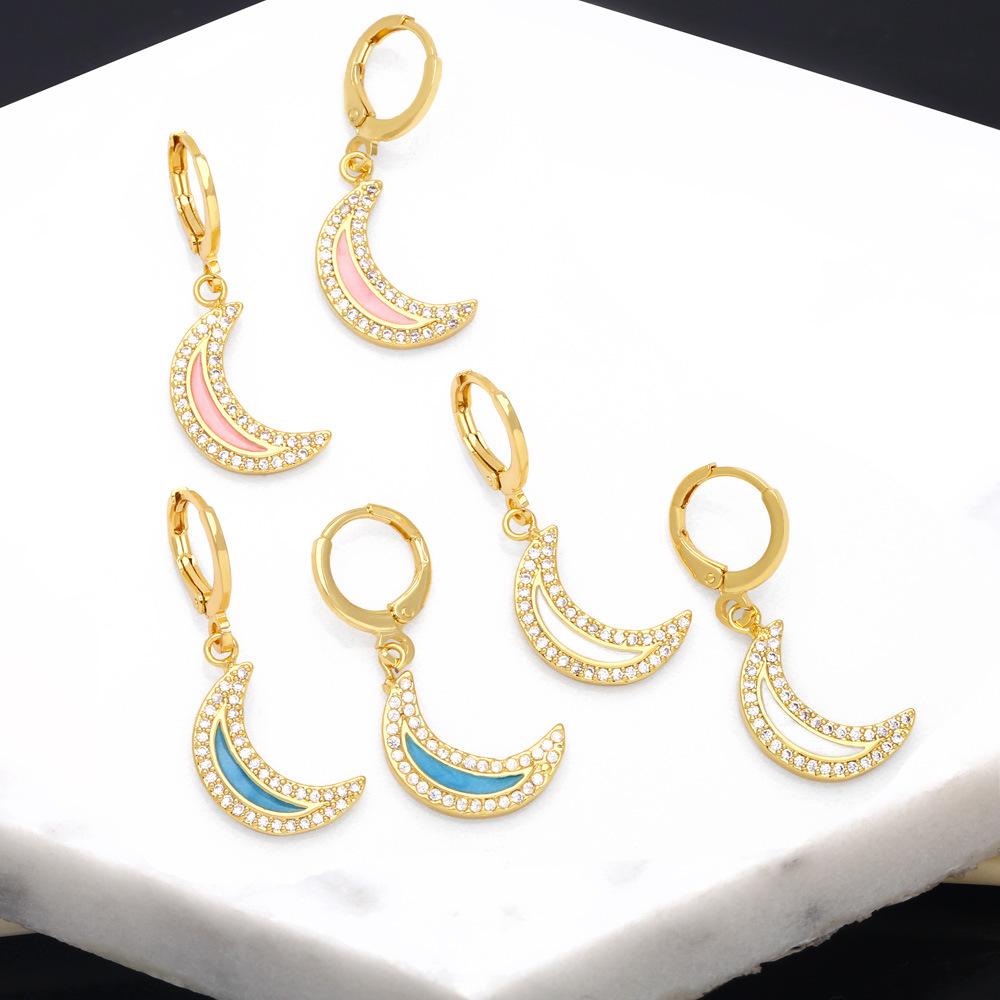 Fashion Moon Copper Inlay Zircon Drop Earrings 1 Pair